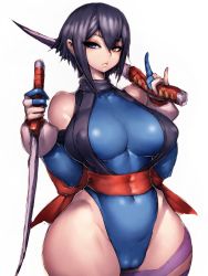 Rule 34 | 1girl, \m/, adapted costume, bare shoulders, black hair, blade, blue gloves, breasts, cameltoe, commentary request, covered erect nipples, cowboy shot, curvy, dual wielding, elbow gloves, fumio (rsqkr), gloves, half-closed eyes, halterneck, heterochromia, highleg, highleg leotard, highres, holding, large breasts, leg tattoo, leotard, lips, looking at viewer, navel, samurai spirits, sash, shiki (samurai spirits), shiny skin, short hair, simple background, skin tight, snk, solo, standing, tattoo, thick thighs, thighs, white background, wide hips