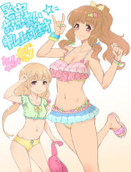 Rule 34 | &gt;:), 10s, 2girls, :3, bikini, blonde hair, blush, bracelet, breasts, brown hair, cleavage, curly hair, frilled bikini, frills, futaba anzu, hair ornament, hair up, hand gesture, idolmaster, idolmaster cinderella girls, jewelry, large breasts, long hair, mikel (4hands), moroboshi kirari, multiple girls, \n/, nail polish, navel, ponytail, ribbon, sandals, scrunchie, simple background, small breasts, smile, star (symbol), star hair ornament, stuffed animal, stuffed rabbit, stuffed toy, swimsuit, translation request, twintails, v, v-shaped eyebrows, white background, wrist scrunchie, | |