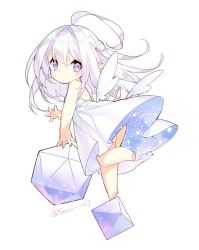 Rule 34 | 1girl, ahoge, angel wings, artist name, barefoot, chibi, dice, dress, expressionless, full body, goddess of dice, long hair, original, pink eyes, pink hair, pointy ears, saru, simple background, solo, white background, white dress, wings
