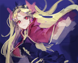 Rule 34 | 1girl, black dress, blonde hair, blue background, commentary request, crown, dress, ereshkigal (fate), fate/grand order, fate (series), hair ribbon, looking at viewer, mura karuki, open mouth, red eyes, red robe, ribbon, robe, solo, twintails, watercolor effect