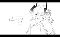 Rule 34 | 1girl, aiko (less), black sclera, bullet hole, colored sclera, commentary, demon girl, english commentary, english text, greyscale, grin, highres, horns, injury, less, letterboxed, long hair, monochrome, one eye closed, original, pointy ears, sharp teeth, sketch, smile, solo, speech bubble, teeth, wince