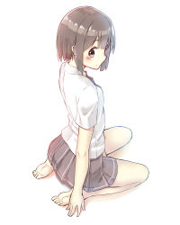 Rule 34 | 1girl, artist request, barefoot, black skirt, blunt bangs, bob cut, brown eyes, brown hair, character request, copyright request, feet, highres, looking at viewer, looking up, no shoes, pleated skirt, shirt, short hair, short sleeves, simple background, sitting, skirt, soles, solo, toes, wariza, white background, white shirt