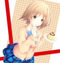 Rule 34 | 10s, 1girl, blue ribbon, blue skirt, breasts, cardigan, checkered background, cherry, commentary request, dutch angle, emblem, flower, food, fruit, hair flower, hair ornament, hajie, highres, idolmaster, idolmaster cinderella girls, light brown hair, long sleeves, looking at viewer, medium breasts, mimura kanako, plaid, plaid skirt, plate, pudding, ribbon, school uniform, short hair, skirt, solo, utensil in mouth, yellow eyes