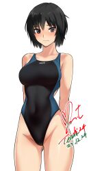 Rule 34 | 1girl, amagami, arms behind back, bare shoulders, black hair, black one-piece swimsuit, blue one-piece swimsuit, blush, breasts, brown eyes, closed mouth, commentary request, competition swimsuit, covered navel, cowboy shot, dated, gluteal fold, groin, highleg, highleg swimsuit, highres, looking at viewer, medium breasts, nanasaki ai, one-piece swimsuit, revision, short hair, signature, simple background, smile, solo, swimsuit, two-tone swimsuit, white background, yoo tenchi