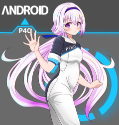 Rule 34 | .live, 1girl, alternate costume, black background, blush, carro pino, commentary request, detroit: become human, hair ornament, headband, highres, long hair, looking at viewer, low twintails, pants, purple eyes, purple hair, rikuton, shirt, simple background, smile, solo, twintails, virtual youtuber, waving