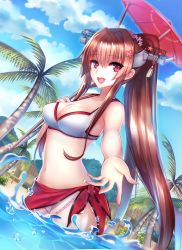 Rule 34 | 10s, 1girl, :d, bad id, bad pixiv id, beach, bikini, breasts, brown hair, cherry blossoms, cleavage, cloud, day, dutch angle, flower, hair between eyes, hair flower, hair intakes, hair ornament, headgear, hill, holding, holding umbrella, hut, kantai collection, large breasts, long hair, looking at viewer, meaomao, navel, ocean, oil-paper umbrella, open mouth, outdoors, outstretched hand, palm tree, partially submerged, ponytail, purple eyes, revision, sarong, sidelocks, sky, smile, solo, sparkle, swimsuit, tree, umbrella, very long hair, wading, water drop, white bikini, yamato (kancolle)