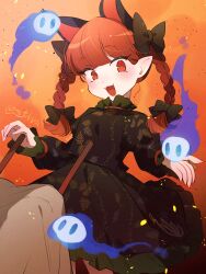 Rule 34 | 1girl, animal ears, black bow, black dress, bow, braid, cat ears, dress, extra ears, fangs, frilled dress, frilled sleeves, frills, hair bow, hanaon, highres, kaenbyou rin, long hair, long sleeves, looking at viewer, open mouth, pointy ears, red eyes, red hair, signature, smile, solo, touhou, twin braids