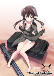 Rule 34 | 1girl, animal ears, barefoot, blush, breasts, brown eyes, brown hair, character name, cleavage, collarbone, dog ears, dog tail, gertrud barkhorn, gun, hair ribbon, legs, logo, long hair, long sleeves, looking at viewer, machine gun, matching hair/eyes, mg42, military, military uniform, mutsumi masato, panties, ribbon, shiny skin, sitting, smile, solo, strike witches, tail, twintails, underwear, uniform, untied, weapon, white panties, world witches series