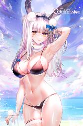 Rule 34 | 1girl, animal ears, arm behind head, armpits, bare shoulders, bikini, black bikini, blue bow, bow, breasts, cleavage, closed mouth, commentary, commission, cowboy shot, english commentary, fur collar, grey hair, hair bow, highres, horizon, kaavi, large breasts, long hair, looking at viewer, mahjong soul, navel, ocean, outdoors, pom pom (clothes), rabbit ears, rabbit girl, see-through, smile, solo, sowon, stomach, swimsuit, thigh strap, yellow eyes