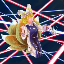 Rule 34 | 1girl, beam, blonde hair, blue fire, card, danmaku, female focus, fire, fox tail, hand gesture, hat, highres, holding, holding card, kabu (yuyuibob), kneeling, looking at viewer, m/, magic, multiple tails, short hair, solo, spell card, tail, touhou, yakumo ran, yellow eyes