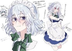 Rule 34 | 1girl, ahoge, apron, arrow (symbol), blue dress, blue eyes, bow, bowtie, braid, breasts, colored eyelashes, commentary request, cowboy shot, cropped legs, dress, frilled apron, frills, gloves, green bow, green neckwear, hair between eyes, hair bow, himadera, holding, holding knife, holding weapon, izayoi sakuya, knife, looking at viewer, maid, maid apron, maid headdress, medium breasts, multiple views, open mouth, petticoat, puffy short sleeves, puffy sleeves, red eyes, reverse grip, shirt, short hair, short sleeves, silver hair, simple background, smile, standing, touhou, translation request, twin braids, weapon, white apron, white background, white gloves, white shirt