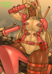 Rule 34 | 1girl, animal ears, armor, boku no hero academia, cosplay, covered abs, dark-skinned female, dark skin, fang, fang out, gwenpool (cosplay), highres, light smile, long hair, mirko, rabbit ears, rabbit girl, rabbit tail, seductive smile, shosho oekaki, simple background, smile, solo, spread legs, thick thighs, thighs, white background, white hair