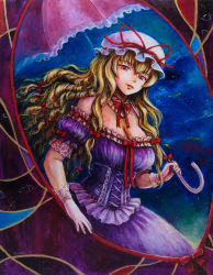 Rule 34 | 1girl, alternate hairstyle, blonde hair, breasts, cleavage, corset, dress, drill hair, embellished costume, female focus, gap (touhou), gloves, gown, highres, large breasts, light smile, lipstick, long hair, looking down, makeup, oil painting (medium), painting (medium), parasol, purple dress, red eyes, red lips, ribbon, signature, solo, tafuto, touhou, traditional media, umbrella, yakumo yukari