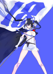 Rule 34 | bare legs, black hair, blue background, blue eyes, breasts, cape, cleavage, dress, dungeon ni deai wo motomeru no wa machigatteiru darou ka, elbow gloves, flag, flagpole, gloves, hestia (danmachi), highres, holding, holding flag, holding weapon, large breasts, official art, sleeveless, sword, twintails, volume cover, weapon, white dress, white gloves, yasuda suzuhito