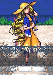 Rule 34 | 1girl, absurdres, bad id, bad pixiv id, bottle, braid, dress, france, hair ribbon, hat, highres, long hair, milk tea, open clothes, open shirt, orangina, personification, ribbon, shirt, single braid, sleeves rolled up, solo, sun hat, very long hair, yellow eyes
