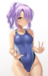 Rule 34 | 1girl, absurdres, blue one-piece swimsuit, breasts, cafe stella to shinigami no chou, commentary request, competition swimsuit, cowboy shot, double v, eyes visible through hair, green eyes, hair over one eye, highleg, highleg swimsuit, highres, hiuchidani mei, looking at viewer, ncontrail (mgax7527), one-piece swimsuit, ponytail, purple hair, small breasts, solo, swimsuit, tan, tanline, v, wavy hair