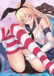 Rule 34 | 10s, 1girl, ?, aimee (emi), bad id, bad pixiv id, black neckerchief, black panties, blonde hair, blue eyes, blue skirt, brown-framed eyewear, crop top, elbow gloves, glasses, gloves, highres, kantai collection, long hair, neckerchief, panties, pleated skirt, sailor collar, shimakaze (kancolle), skirt, sleeveless, solo, striped clothes, striped thighhighs, thighhighs, underwear, white gloves