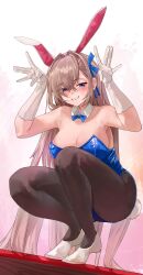 Rule 34 | 1girl, absurdres, animal ears, asuna (blue archive), asuna (bunny) (blue archive), black pantyhose, blue archive, blue bow, blue bowtie, blue eyes, blue leotard, blue ribbon, bow, bowtie, breasts, brown hair, dainillust, detached collar, fake animal ears, gloves, hair between eyes, hair ribbon, high heels, highres, large breasts, leotard, long hair, looking at viewer, pantyhose, playboy bunny, rabbit ears, ribbon, solo, squatting, very long hair, white footwear, white gloves