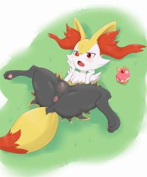 Rule 34 | 1girl, animal ear fluff, animal ears, animal hands, anus, blush, braixen, cherry, cleft of venus, clitoris, creatures (company), cupcake, fang, female focus, food, fox ears, fox tail, fruit, full body, furry, furry female, game freak, gen 6 pokemon, grass, green background, hand on own face, hands up, highres, lying, nintendo, on back, open mouth, orange (fruit), orange slice, outdoors, pawpads, pokemon, pokemon (creature), pussy, red eyes, sake kemosalmon, shiny skin, solo, spread legs, tail, uncensored