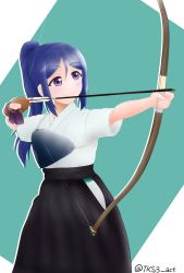 Rule 34 | 1girl, absurdres, artist name, artist request, black hakama, blue hair, blush, bow (weapon), brown gloves, cosplay, female focus, gloves, hair between eyes, hakama, high ponytail, highres, holding, holding bow (weapon), holding weapon, japanese clothes, kimono, long hair, looking at viewer, love live!, love live! sunshine!!, matsuura kanan, parted lips, ponytail, purple eyes, short sleeves, single glove, smile, solo, weapon, white kimono