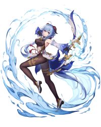 Rule 34 | 1girl, absurdly long hair, absurdres, ahoge, armpits, arrow (projectile), ass, bare shoulders, bell, black gloves, black pantyhose, blue hair, bow (weapon), breasts, brown leotard, brown pantyhose, chinese knot, curled horns, detached sleeves, drawing bow, flower knot, from side, full body, ganyu (genshin impact), genshin impact, gloves, gold trim, high heels, highres, hokori sakuni, holding, holding bow (weapon), holding weapon, horns, leg up, leotard, long hair, looking at viewer, magic, medium breasts, neck bell, outstretched arm, pantyhose, purple eyes, sidelocks, solo, standing, tassel, thighlet, thighs, very long hair, vision (genshin impact), waist cape, weapon, white background, white sleeves, wide sleeves, wind