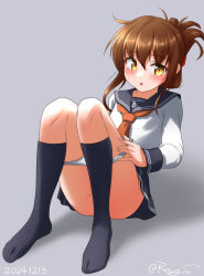 1girl black_sailor_collar black_skirt black_socks brown_eyes brown_hair convenient_leg folded_ponytail inazuma_(kancolle) kantai_collection long_hair looking_at_viewer neckerchief one-hour_drawing_challenge panties panty_pull pleated_skirt ray.s red_neckerchief sailor_collar sailor_shirt school_uniform serafuku shirt skirt socks solo underwear white_shirt