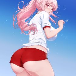 Rule 34 | 1girl, ass, blue background, blush, breasts, buruma, gym shirt, gym uniform, hands up, highres, hololive, hololive english, impossible clothes, large breasts, long hair, looking at viewer, looking back, mori calliope, open mouth, p-nekoe, pink hair, ponytail, red buruma, red eyes, shirt, solo, virtual youtuber