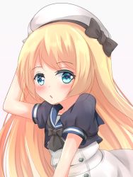 Rule 34 | 1girl, ayamiyuki, blonde hair, blue eyes, blue sailor collar, cowboy shot, dress, gloves, hat, holding, holding clothes, holding hat, jervis (kancolle), kantai collection, long hair, looking at viewer, sailor collar, sailor dress, sailor hat, short sleeves, simple background, solo, white background, white dress, white gloves, white hat