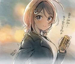Rule 34 | 1girl, ahoge, alternate costume, black jacket, braid, brown hair, can, canned coffee, chougei (kancolle), commentary request, drink can, grey eyes, hair ornament, hairclip, highres, jacket, kantai collection, kirisawa juuzou, long hair, smile, solo, translation request, twin braids, upper body