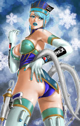 Rule 34 | 10s, 1girl, ass, bare shoulders, blue eyes, blue hair, blue lips, blue rose (tiger &amp; bunny), boots, breasts, covered erect nipples, earrings, elbow gloves, fingernails over gloves, gloves, gun holster, hat, highres, holster, jewelry, karina lyle, large breasts, lipstick, makeup, matching hair/eyes, nipples, pepsi nex, product placement, see-through, short hair, solo, superhero costume, thigh boots, thighhighs, tiger &amp; bunny, toten (der fuhrer)