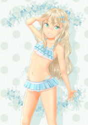 Rule 34 | 1girl, bikini, bikini skirt, blonde hair, blue background, blue bikini, blue bow, bow, collarbone, commentary request, contrapposto, flat chest, frilled bikini, frills, grecale (kancolle), green eyes, hair ornament, hairclip, highres, kantai collection, long hair, looking at viewer, navel, parted lips, salute, smile, solo, standing, swimsuit, uzuki mei