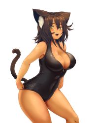 Rule 34 | 1girl, adjusting clothes, adjusting swimsuit, animal ear fluff, animal ears, bare shoulders, breasts, brown hair, cat ears, cat girl, cat tail, cleavage, collarbone, commentary, commentary request, curvy, dark-skinned female, dark skin, front zipper swimsuit, green eyes, hair between eyes, large breasts, legs apart, meme attire, nekomusume (pekoneko), one-piece swimsuit, open mouth, original, pekoneko, simple background, solo, swimsuit, tail, tail raised, tan, teeth, thighs, upper teeth only, white background