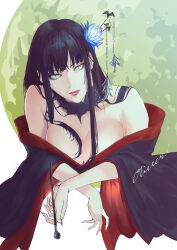 Rule 34 | 1girl, absurdres, artist name, bare shoulders, black collar, black hair, black kimono, breasts, cleavage, collar, collarbone, cropped torso, final fantasy, final fantasy xiv, fingernails, flower, full moon, green eyes, hair flower, hair ornament, hair stick, highres, holding, holding smoking pipe, huge moon, hyur, japanese clothes, kimono, kiseru, lace collar, large breasts, long fingernails, long hair, looking to the side, mole, mole under mouth, moon, off shoulder, oliver (oliverclassict), red nails, red trim, sideways glance, smoking pipe, solo, straight hair, upper body, yotsuyu goe brutus