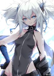 Rule 34 | bare shoulders, belt, black leotard, blue hair, breasts, closed mouth, collarbone, covered navel, girls&#039; frontline, gloves, grey jacket, groin, hair between eyes, hair ornament, hand on own hip, head tilt, heart, heart-shaped pupils, highleg, highleg leotard, highres, jacket, leotard, looking at viewer, messy hair, pa-15 (girls&#039; frontline), shanyao jiang tororo, short eyebrows, sidelocks, small breasts, smile, solo, standing, symbol-shaped pupils, thigh strap, two side up, upper body