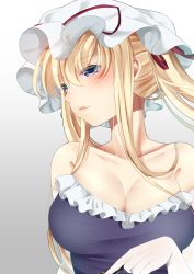 Rule 34 | 1girl, absurdres, alternate hairstyle, bad id, bad twitter id, bare shoulders, blonde hair, blush, breasts, cleavage, closed mouth, frills, gloves, hair ribbon, hat, highres, large breasts, long hair, looking away, miri (miri0xl), mob cap, purple eyes, ribbon, solo, touhou, twintails, upper body, white gloves, yakumo yukari