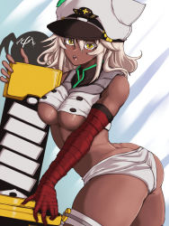 Rule 34 | 1girl, arc system works, ass, bare shoulders, breasts, butt crack, dark skin, govsoyn, guilty gear, guilty gear strive, hat, highres, large breasts, looking at viewer, medium hair, open mouth, orange eyes, ramlethal valentine, shiny skin, short shorts, shorts, sword, thick thighs, thigh strap, thighs, underboob, weapon, white hair