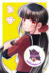 1boy 1girl :t ^_^ black_sailor_collar black_skirt black_sleeve_cuffs blush blush_stickers border bow bowtie brown_hair character_name closed_eyes closed_mouth commentary_request cowboy_shot danganronpa_(series) danganronpa_v3:_killing_harmony dot_nose earrings eyelashes facial_hair flustered frown goatee hair_between_eyes hair_ornament hair_scrunchie happy harukawa_maki head_only highres holding holding_own_hair jewelry long_hair long_sleeves looking_at_viewer looking_back low_twintails mole mole_under_eye momota_kaito musical_note notice_lines open_mouth outline outside_border pout puff_of_air purple_hair red_eyes red_scrunchie red_shirt sailor_collar satori_(aosky9077) school_uniform scrunchie serafuku shirt short_hair skirt sleeves_past_elbows smile solo_focus speech_bubble spiked_hair spoken_character spoken_musical_note stud_earrings twintails very_long_hair white_border white_bow white_bowtie white_outline yellow_background