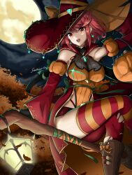 Rule 34 | 1girl, absurdres, adapted costume, breasts, broom, broom riding, chest jewel, fgsketch, halloween, hat, highres, large breasts, pyra (xenoblade), red eyes, red hair, short hair, solo, swept bangs, witch, witch hat, xenoblade chronicles (series), xenoblade chronicles 2