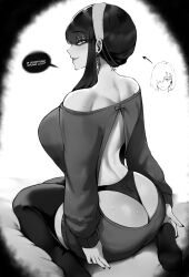 Rule 34 | 2girls, absurdres, ass, bare shoulders, blush, breasts, commentary, earrings, fiona frost, greyscale, grin, hairband, highres, jewelry, large breasts, long hair, long sleeves, looking at viewer, masoq, monochrome, multiple girls, nail polish, no shoes, off-shoulder sweater, off shoulder, panties, sidelocks, sitting, smile, speech bubble, spy x family, sweater, thighhighs, thighs, underwear, wariza, whale tail (clothing), yor briar