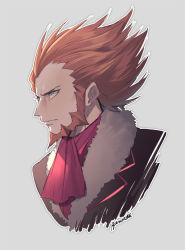 Rule 34 | 1boy, beard, brown hair, closed mouth, creatures (company), cropped torso, facial hair, game freak, grey background, kusuribe, long hair, lysandre (pokemon), male focus, nintendo, pokemon, pokemon xy, red neckwear, signature, simple background, solo, spiked hair