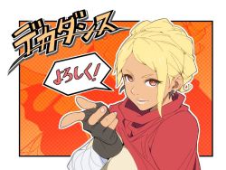 Rule 34 | 1girl, bandages, black gloves, blonde hair, cape, commentary request, dark-skinned female, dark skin, decadence (anime), fingerless gloves, gloves, kurenai (decadence), looking at viewer, pointing, pointing at viewer, red cape, red eyes, smile, solo, speech bubble, wakoudo