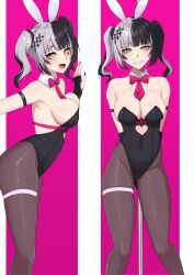 Rule 34 | 1girl, absurdres, animal ears, arm strap, bare shoulders, black gloves, black hair, black leotard, black nails, breasts, cleavage, clothing cutout, collar, covered navel, detached collar, fake animal ears, fang, fingerless gloves, gloves, grey hair, hair ornament, heart cutout, highres, hololive, hololive english, kuon bb, large breasts, leotard, multicolored hair, necktie, open mouth, pantyhose, pink background, pink necktie, playboy bunny, pole, rabbit ears, rabbit hole (vocaloid), shiori novella, smile, solo, split-color hair, standing, stripper pole, thigh strap, twintails, two-tone background, virtual youtuber, white background, white collar, yellow eyes