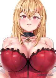 Rule 34 | 1girl, azur lane, bare shoulders, blonde hair, blush, breasts, cleavage, collarbone, commentary, commentary request, covered erect nipples, crossed bangs, dress, english commentary, from below, hair between eyes, highres, king george v (azur lane), king george v (rose&#039;s regalia) (azur lane), large breasts, long hair, looking at viewer, looking down, parted lips, patreon username, red dress, red eyes, simple background, smile, solo, strapless, strapless dress, tnolize, white background