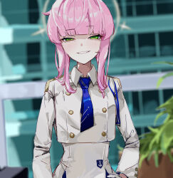 Rule 34 | 1girl, absurdres, blue archive, blue necktie, collared shirt, gloves, green eyes, grin, halo, hand on own hip, highres, kaya (blue archive), looking at viewer, necktie, pink hair, shirt, skirt, smile, solo, sstthei, white gloves, white shirt, white skirt