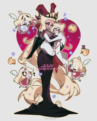 Rule 34 | 1boy, 2024, 2girls, :3, angel wings, apple, bird, black footwear, black gloves, black lips, blonde hair, blush, blush stickers, bouquet, breasts, buttons, cane, carrying, charlie morningstar, child, cleavage, closed eyes, colored sclera, crown, curled horns, demon, demon girl, demon horns, dress, duck, elbow gloves, eyeshadow, falling petals, family, floating hair, flower, flying, food, formal, fruit, full body, gloves, gold ring, grin, hair slicked back, happy, hat, hazbin hotel, heart, heiwei she xiong, highres, holding, holding cane, horns, huge horns, husband and wife, jewelry, large breasts, lilith (hazbin hotel), long dress, long eyelashes, long hair, looking at another, lucifer morningstar (hazbin hotel), makeup, mother and daughter, multiple girls, necklace, open mouth, own hands together, pale skin, pants, pearl necklace, petals, pink dress, pink footwear, pink horns, princess carry, purple dress, purple eyeshadow, red eyes, ring, see-through, see-through cleavage, sidelocks, simple background, smile, sparkling eyes, striped clothes, striped vest, suit, two-tone dress, vertical-striped clothes, vertical-striped vest, very long hair, vest, wedding ring, white background, white pants, white suit, wings, yellow sclera