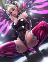 Rule 34 | 1girl, alternate hairstyle, ankle boots, arm behind back, arm up, armpits, bare shoulders, black footwear, black leotard, blonde hair, blue eyes, boots, breasts, cameltoe, cleavage, covered navel, criss-cross halter, elbow gloves, full body, gloves, hair ribbon, halo, halterneck, high heels, indoors, leotard, limgae, looking at viewer, mechanical halo, mechanical wings, medium breasts, medium hair, mercy (overwatch), navel, nose, official alternate costume, overwatch, overwatch 1, pink lips, pink mercy, pink ribbon, pink thighhighs, pink wings, pole, pole dancing, cameltoe, ribbon, saliva, see-through, shiny clothes, solo, spread legs, spread wings, squatting, stage, stage lights, thighhighs, tongue, tongue out, twintails, watermark, web address, wings