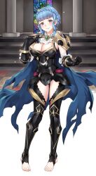 Rule 34 | 1girl, alternate costume, armor, armored leotard, ascot, black armor, black gloves, blue cape, blue hair, blunt bangs, braid, breasts, brown eyes, cape, cleavage, closed mouth, commentary, commission, corrin (female) (fire emblem), corrin (female) (fire emblem) (cosplay), corrin (female) (nohr noble) (fire emblem), corrin (fire emblem), cosplay, crown braid, english commentary, feet, fire emblem, fire emblem: three houses, fire emblem fates, fire emblem heroes, gauntlets, gloves, highres, igni tion, indoors, large breasts, marianne von edmund, nintendo, no shoes, plackart, short hair, shoulder armor, sidelocks, smile, solo, stirrup legwear, toeless legwear, toenails, toes, torn cape, torn clothes, white ascot