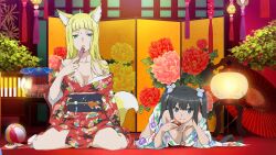 Rule 34 | 2girls, absurdres, animal ears, ball, bent over, black hair, blonde hair, blue eyes, breasts, cleavage, dungeon ni deai wo motomeru no wa machigatteiru darou ka, floral print, fox ears, fox girl, fox tail, green eyes, hand fan, hestia (danmachi), highres, japanese clothes, kimono, large breasts, looking at viewer, loose clothes, lying, multiple girls, new year, official art, on stomach, red kimono, sanjouno haruhime, second-party source, tail, twintails, white kimono