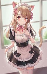 Rule 34 | 1girl, :o, animal ear fluff, animal ears, black bow, black dress, blush, bow, brown hair, cat ears, cat girl, cat tail, collarbone, cowboy shot, detached collar, dress, fate/kaleid liner prisma illya, fate (series), frilled dress, frills, hair over shoulder, hand up, highres, illyasviel von einzbern, kemonomimi mode, long hair, looking at viewer, maid, maid headdress, pink ribbon, red eyes, ribbon, short dress, short sleeves, skirt hold, solo, syehera77, tail, tail raised, thighhighs, white dress, white thighhighs, wrist cuffs, zettai ryouiki