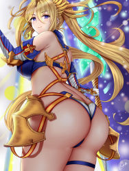 Rule 34 | 1girl, ass, bare shoulders, blonde hair, blue eyes, blush, bradamante (fate), bradamante (third ascension) (fate), braid, breasts, butt crack, closed mouth, elbow gloves, fate/grand order, fate (series), french braid, gloves, hair between eyes, hands up, highres, huge ass, leotard, long hair, looking at viewer, medium breasts, piukute062, sidelocks, signature, skindentation, smile, solo, thigh strap, thighs, twintails, very long hair
